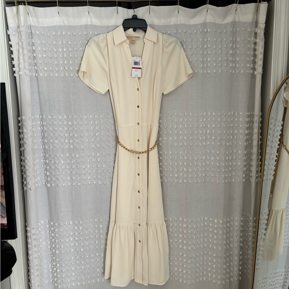 Michael Kors Cream Midi Dress with Gold Chain